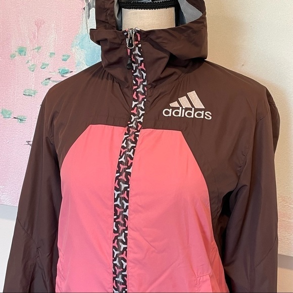 Adidas Womens Windbreaker Pink Brown Jacket Hood Full Zip Running Color block. - Picture 3 of 7